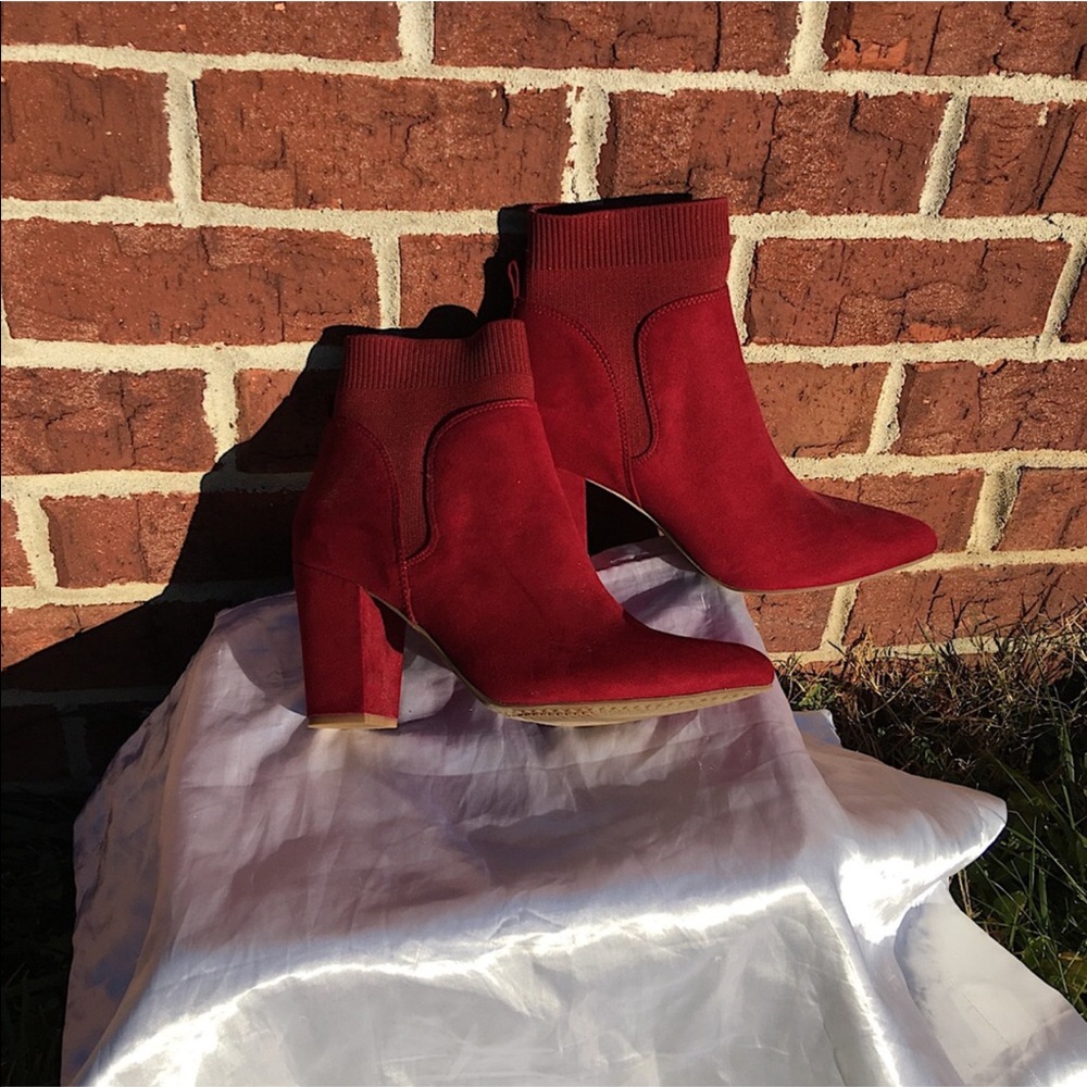 Red Block Heel Ankle Boots